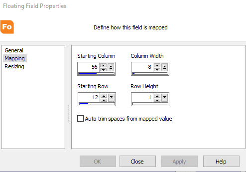 Floating field properties dialog. Mapping is selected from the tree on the left. On the right, you can specify the starting column number, column width, starting row number, and the row height. You can also check the checkbox to auto trim spaces from the mapped value.